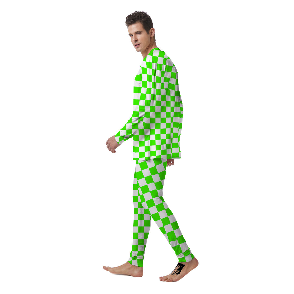 Green Neon Checkered Flag Print Men's Pajamas-grizzshop