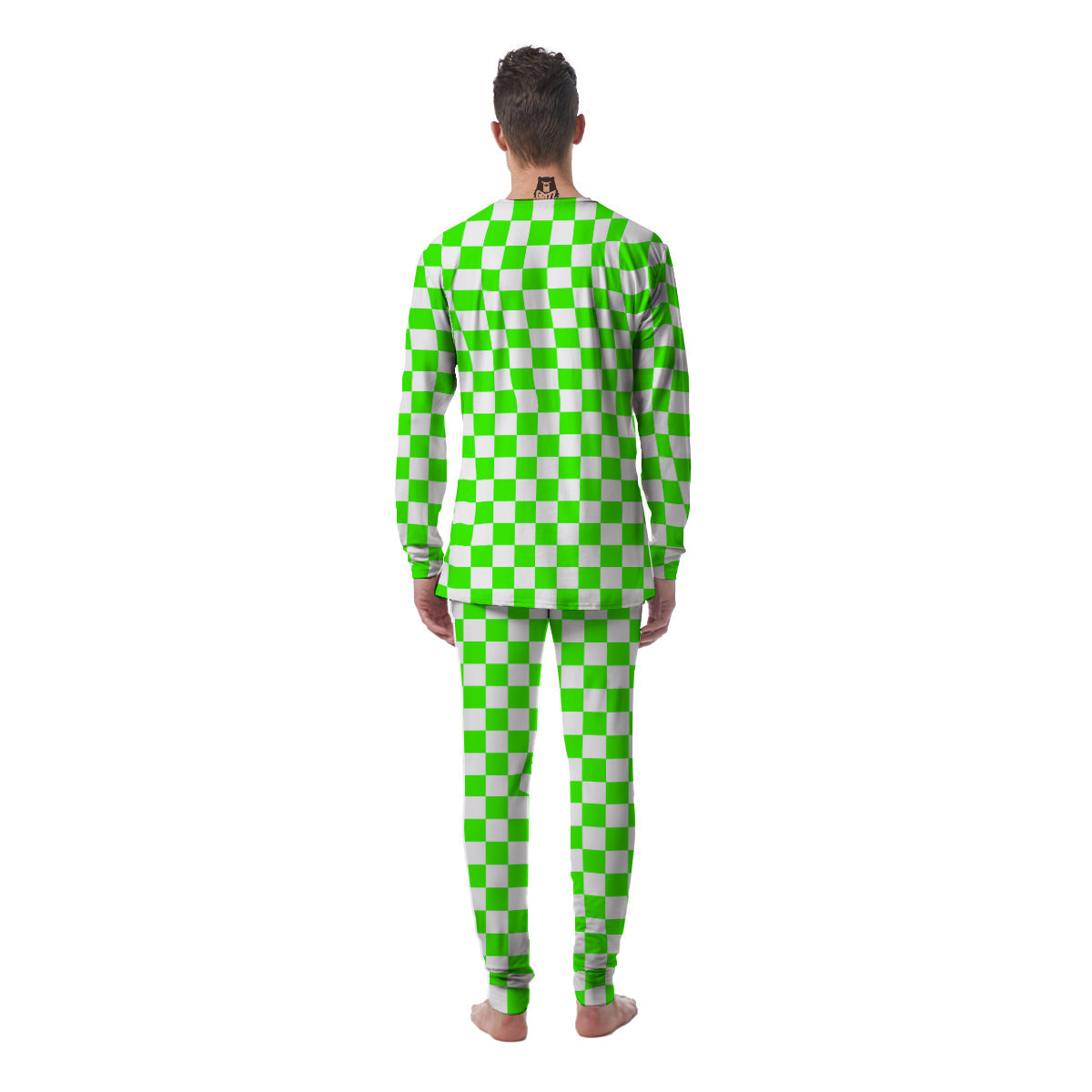 Green Neon Checkered Flag Print Men's Pajamas-grizzshop