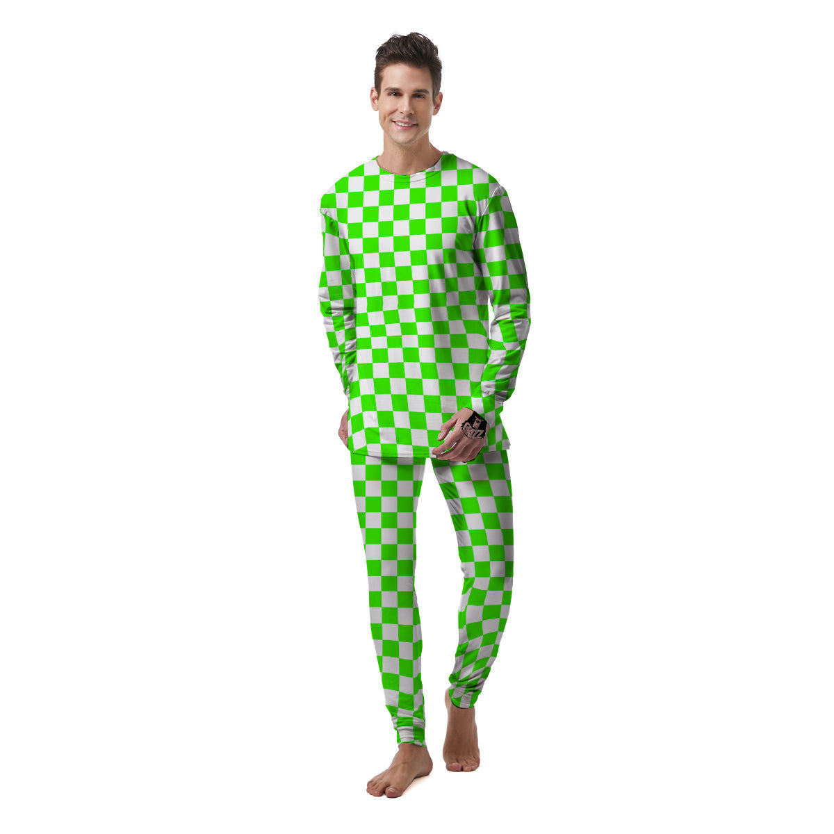 Green Neon Checkered Flag Print Men's Pajamas-grizzshop