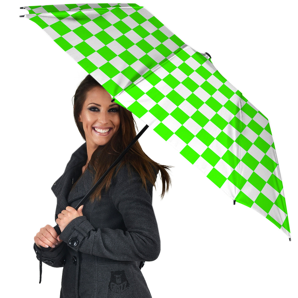 Green Neon Checkered Flag Print Umbrella-grizzshop