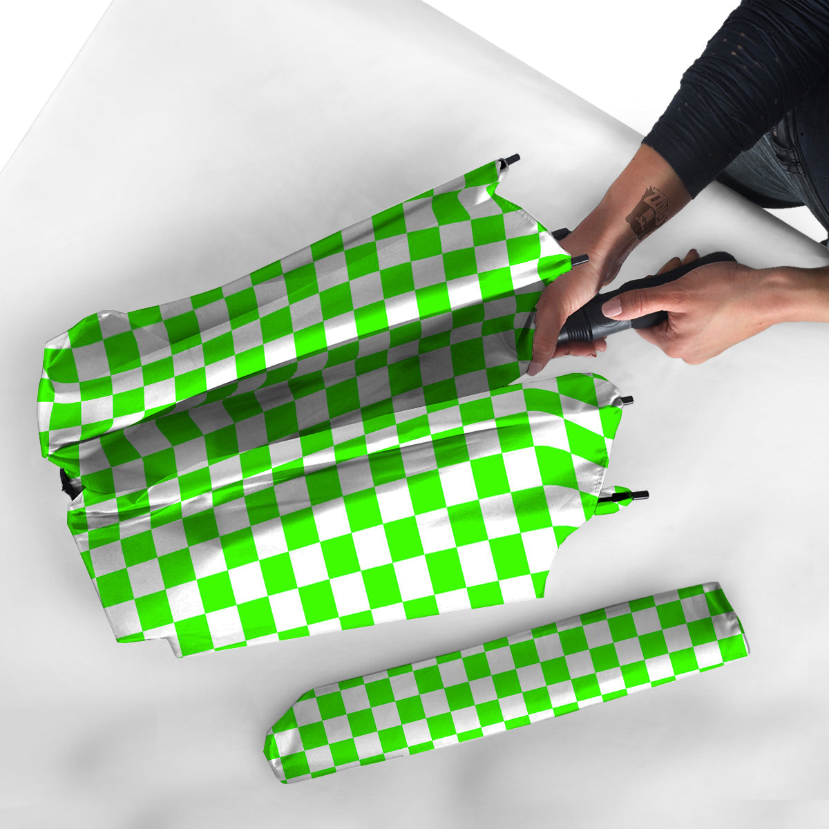 Green Neon Checkered Flag Print Umbrella-grizzshop