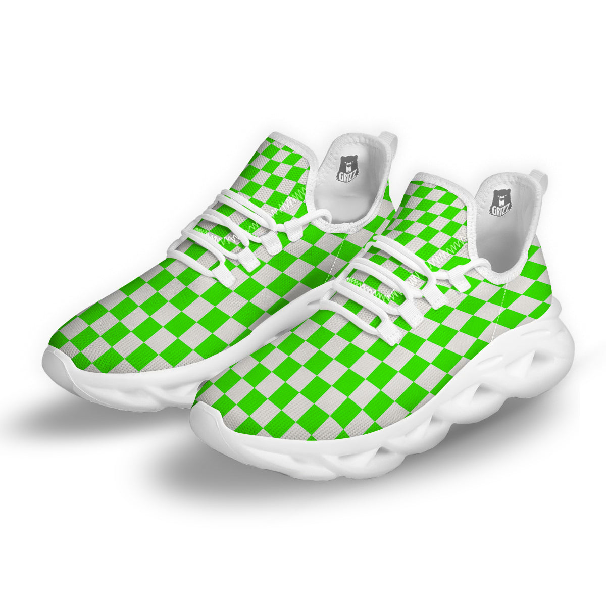 Green Neon Checkered Flag Print White Running Shoes-grizzshop