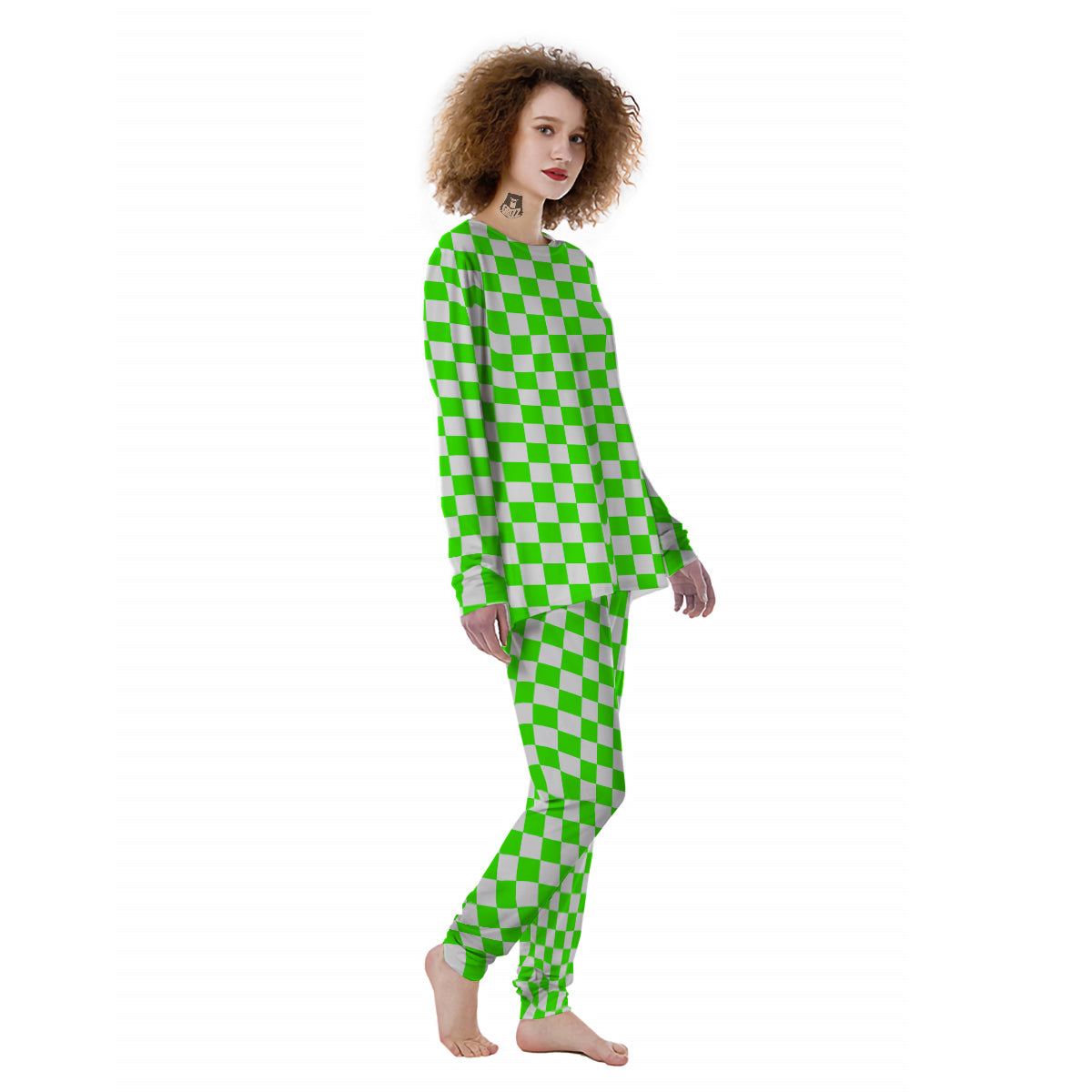 Green Neon Checkered Flag Print Women's Pajamas-grizzshop