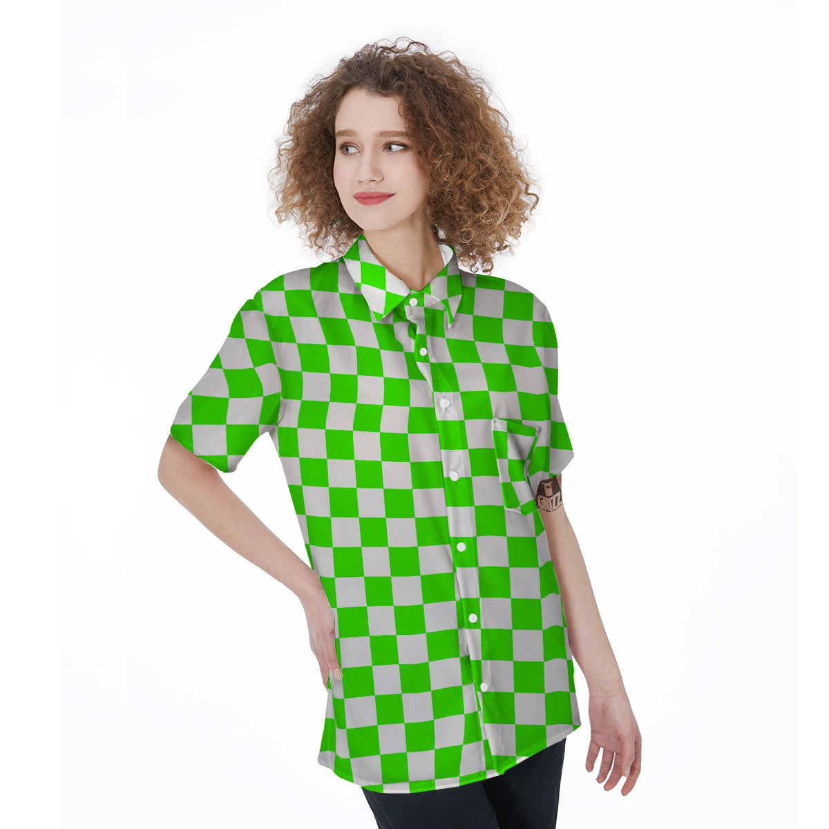 Green Neon Checkered Flag Print Women's Short Sleeve Shirts-grizzshop