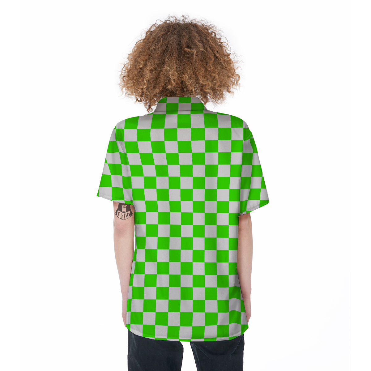 Green Neon Checkered Flag Print Women's Short Sleeve Shirts-grizzshop