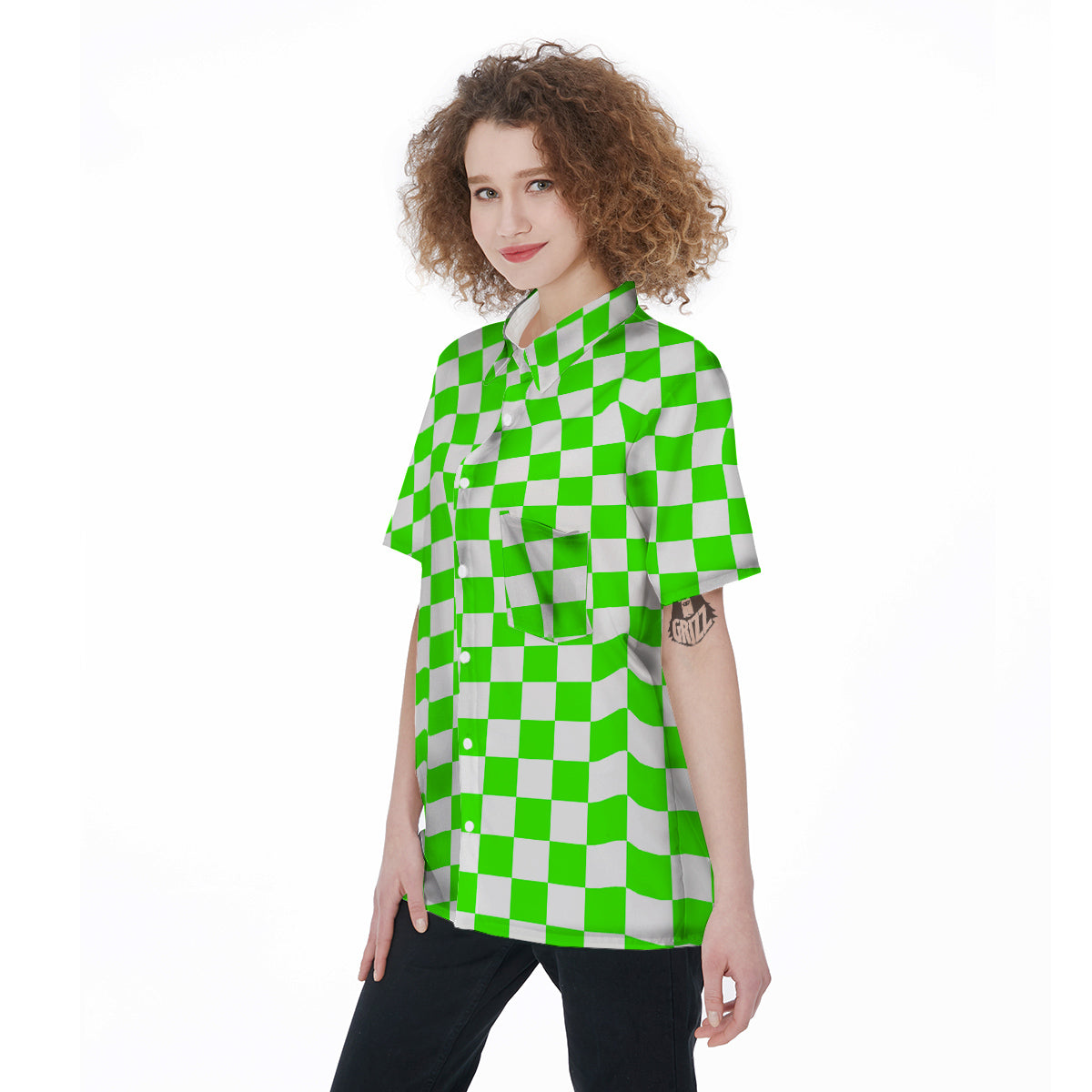 Green Neon Checkered Flag Print Women's Short Sleeve Shirts-grizzshop