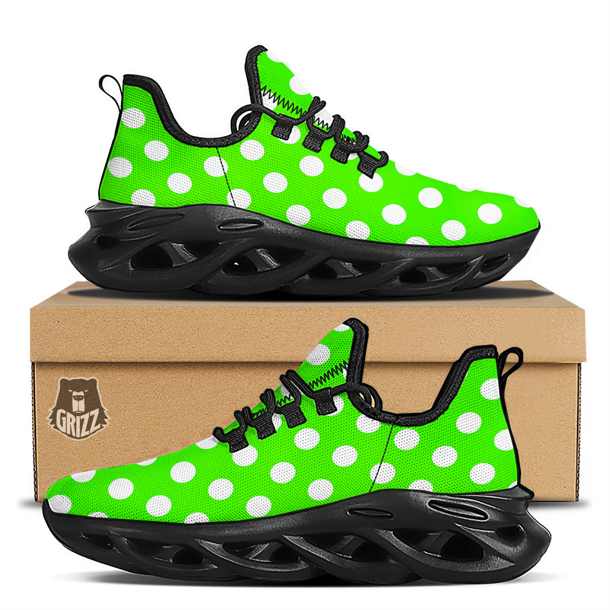Green Neon Color Polka Dot Print Pattern Black Running Shoes-grizzshop