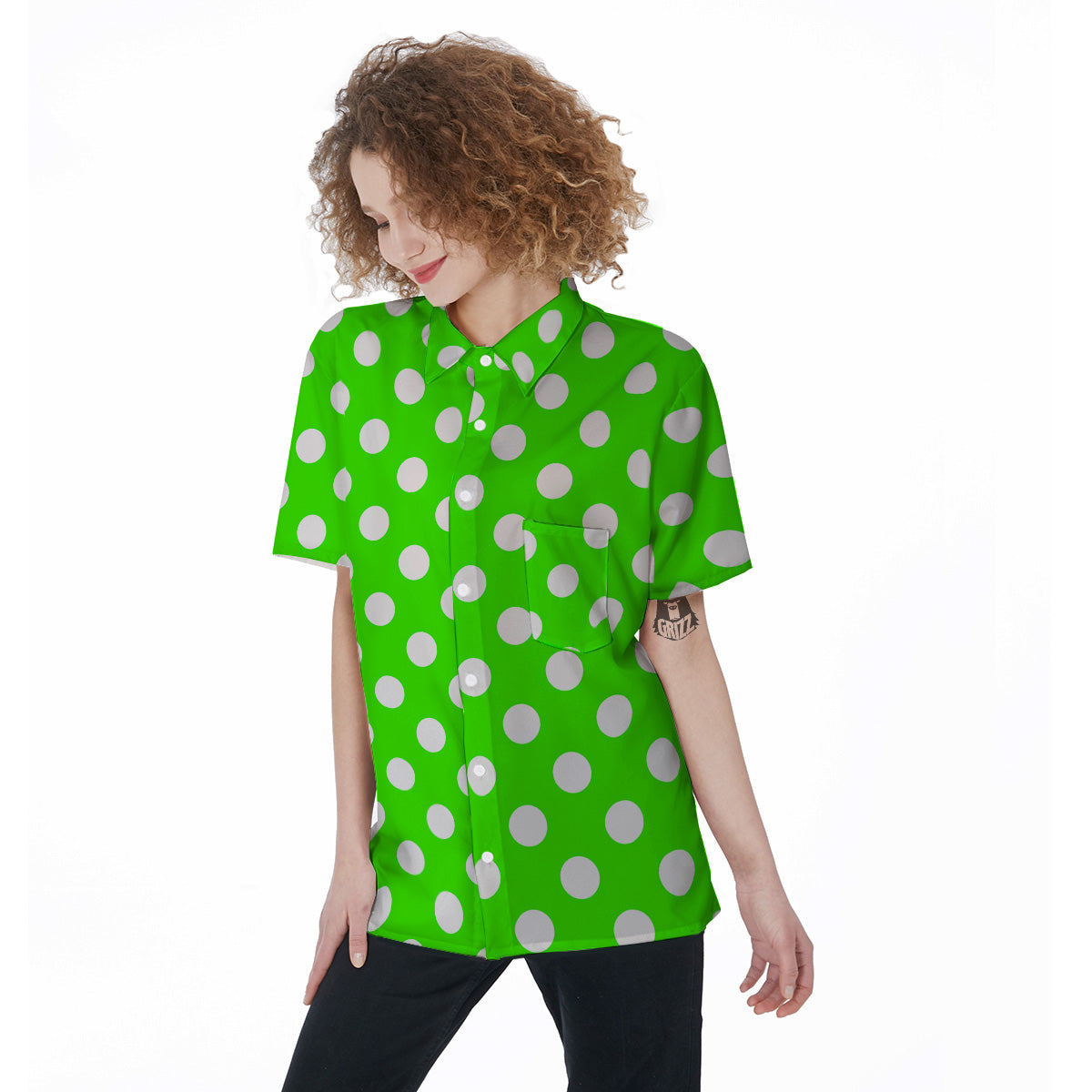 Green Neon Color Polka Dot Print Pattern Women's Short Sleeve Shirts-grizzshop