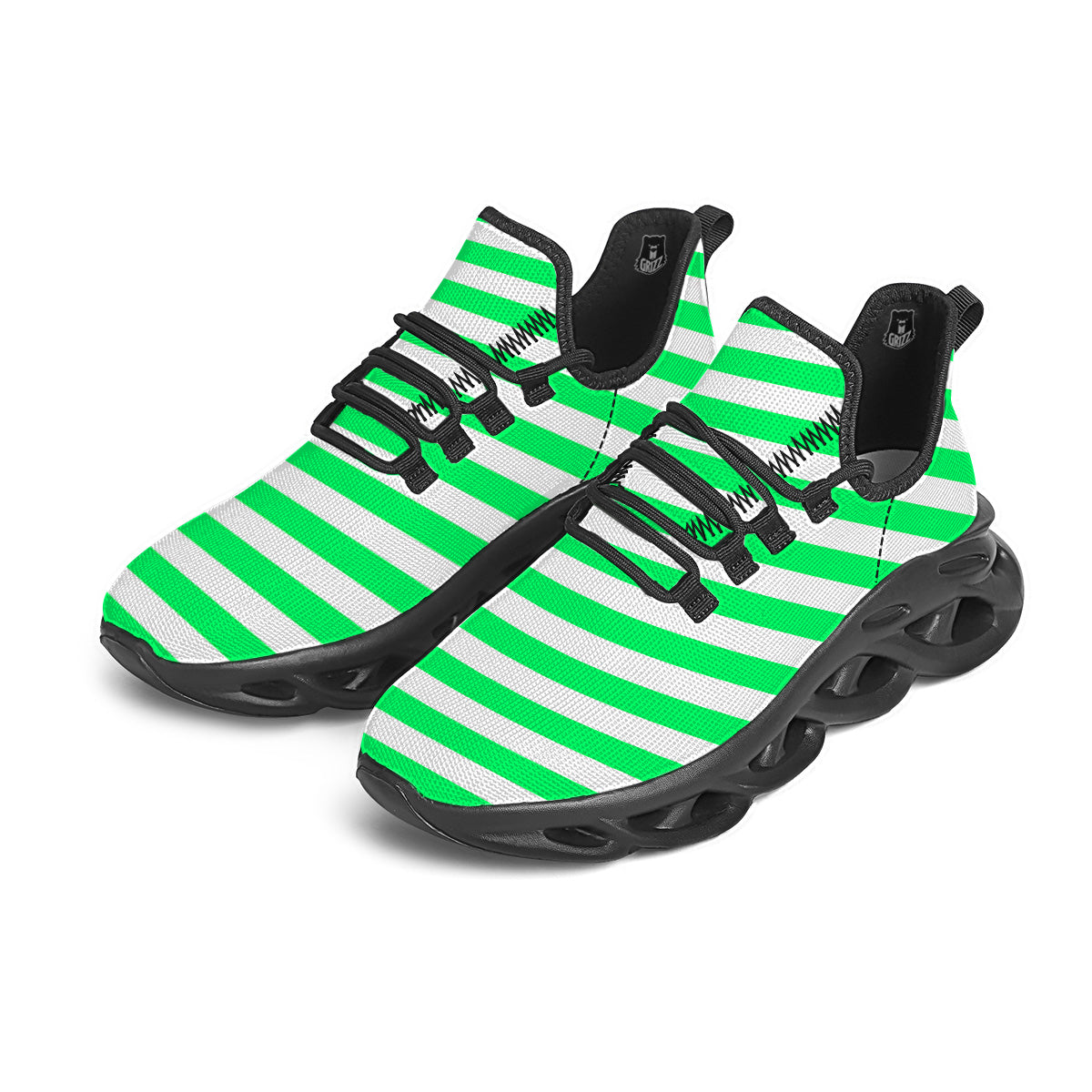 Green Neon Color Striped Print Black Running Shoes-grizzshop