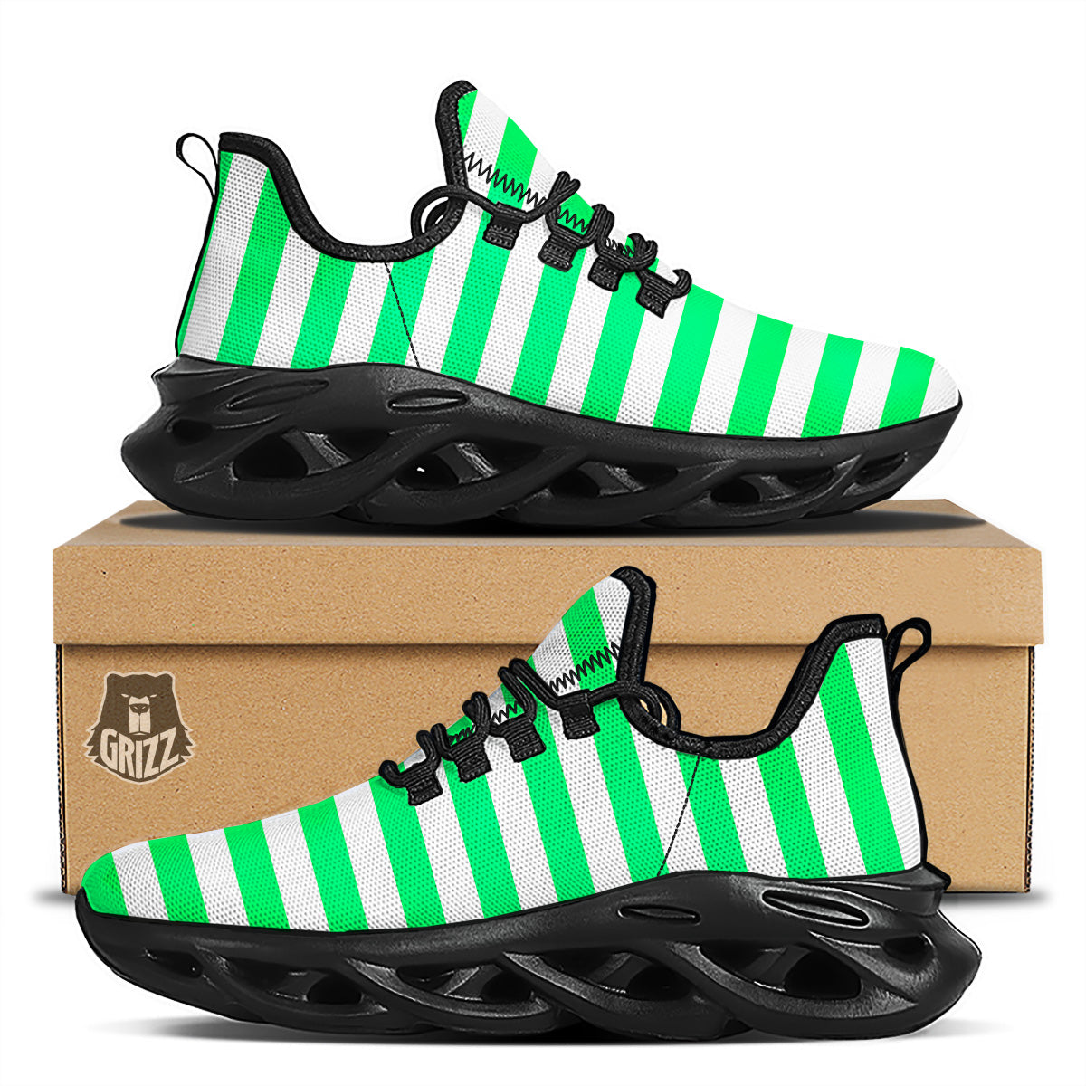 Green Neon Color Striped Print Black Running Shoes-grizzshop