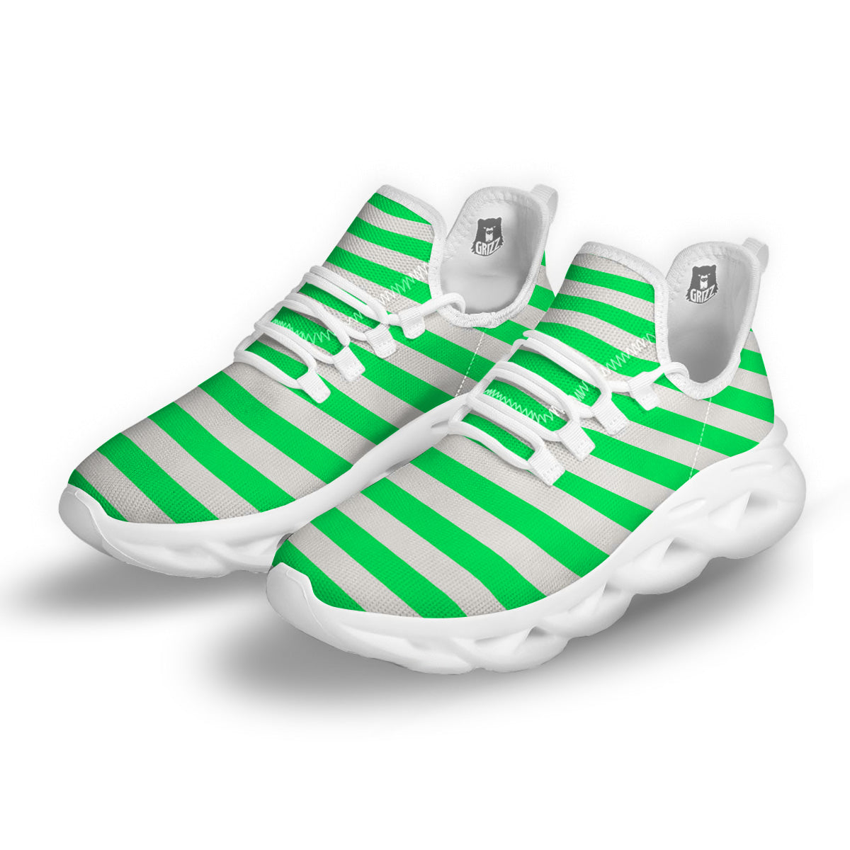 Green Neon Color Striped Print White Running Shoes-grizzshop