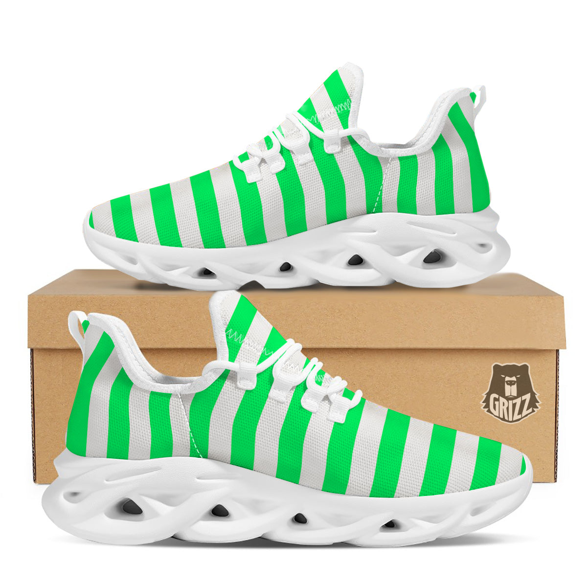 Green Neon Color Striped Print White Running Shoes-grizzshop