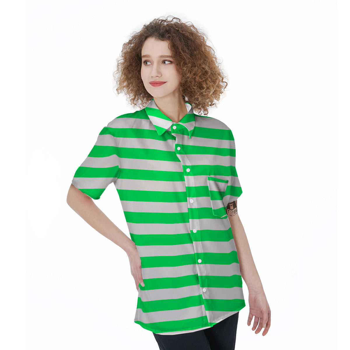 Green Neon Color Striped Print Women's Short Sleeve Shirts-grizzshop