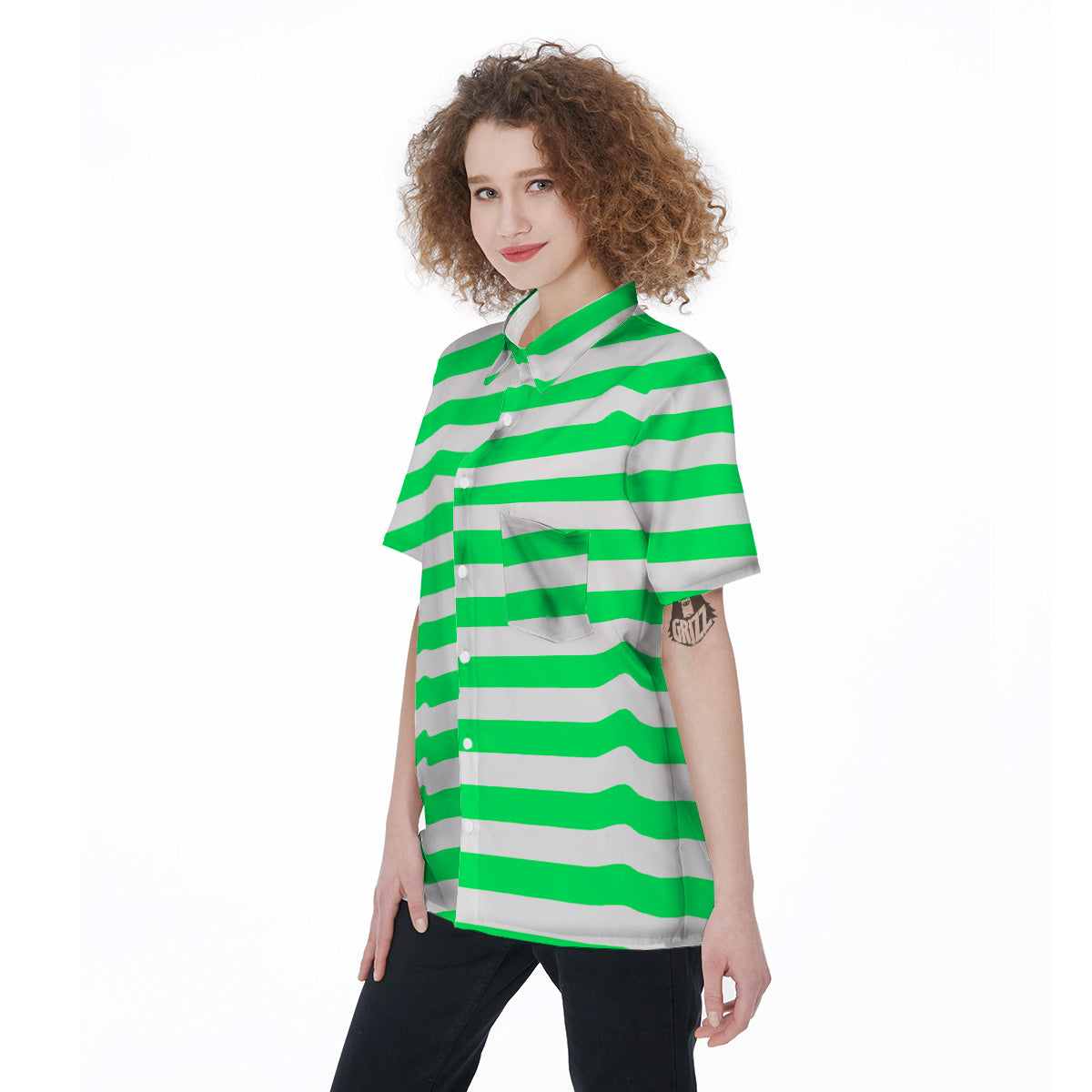 Green Neon Color Striped Print Women's Short Sleeve Shirts-grizzshop