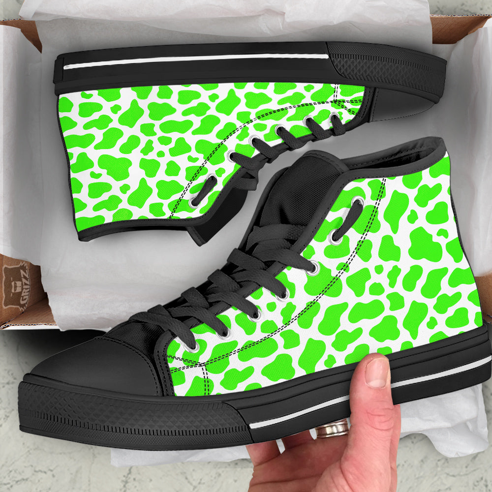 Green Neon Cow Print Pattern Black High Top Shoes-grizzshop