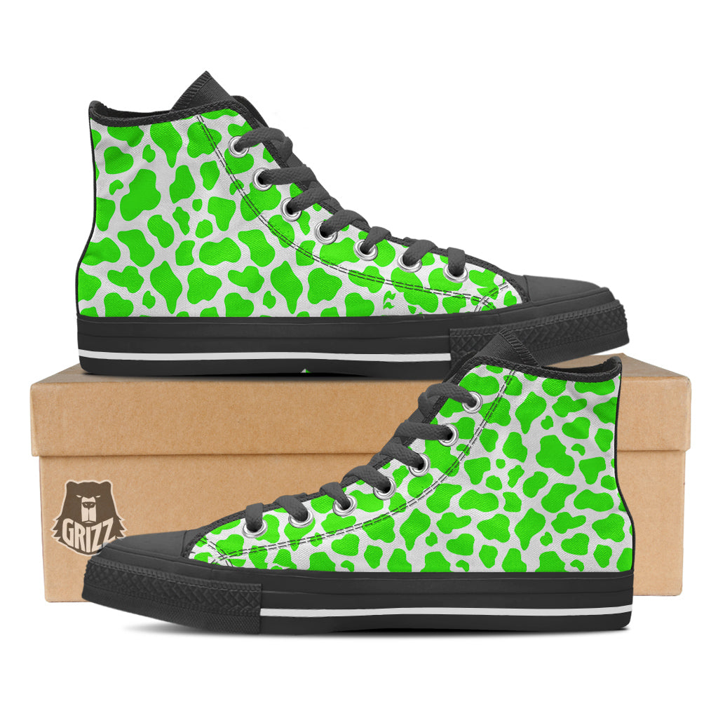 Green Neon Cow Print Pattern Black High Top Shoes-grizzshop