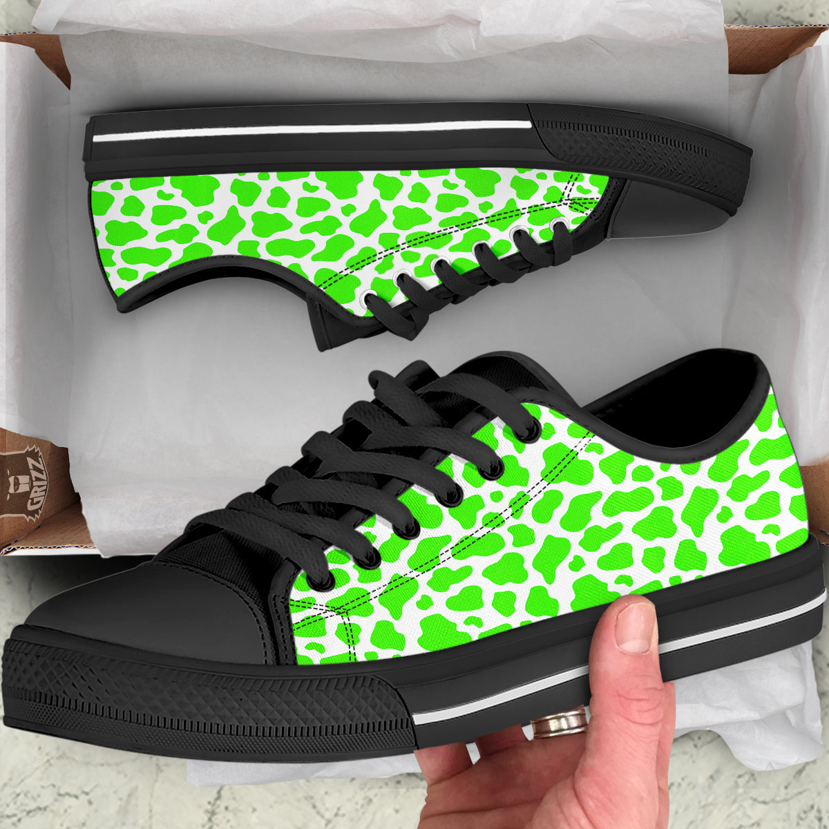 Green Neon Cow Print Pattern Black Low Top Shoes-grizzshop