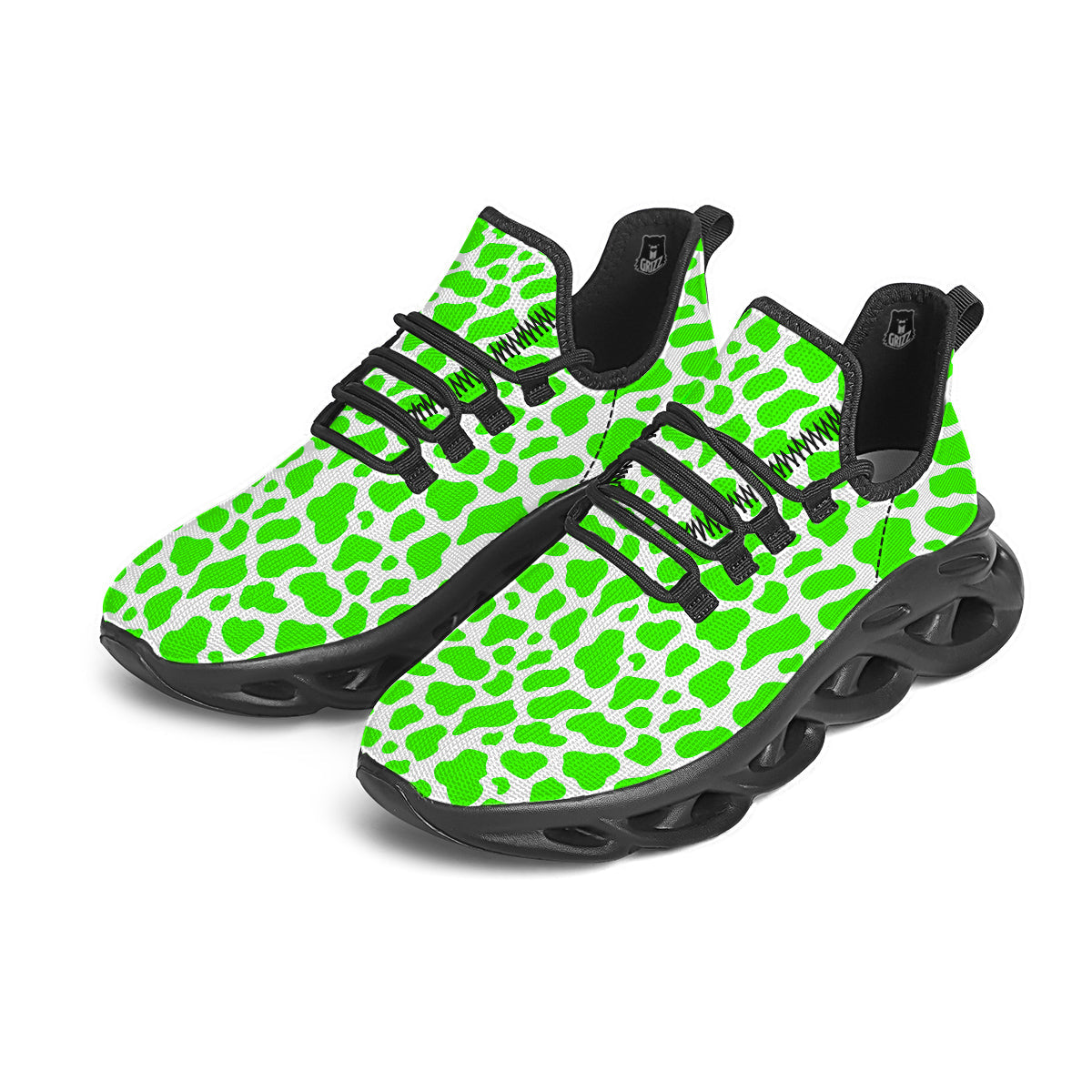 Green Neon Cow Print Pattern Black Running Shoes-grizzshop