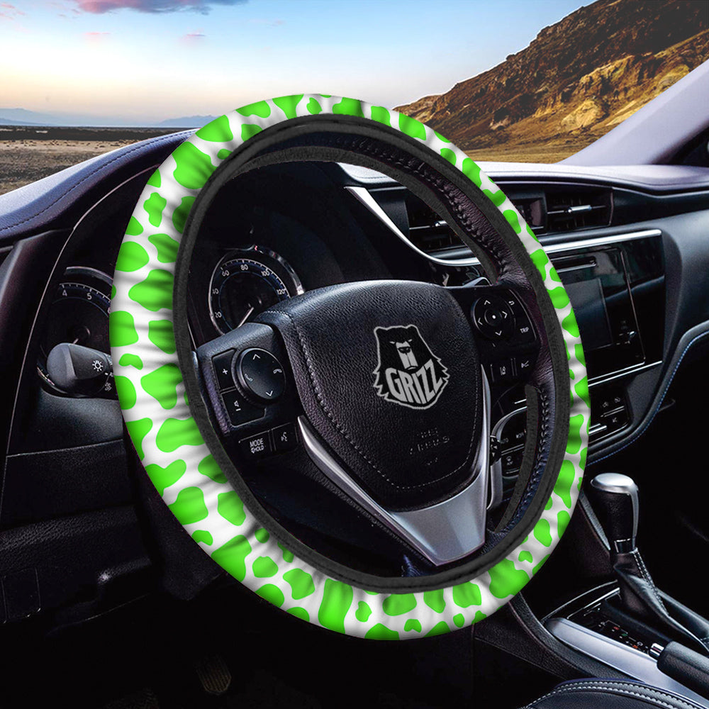 Green Neon Cow Print Pattern Car Steering Wheel Cover-grizzshop