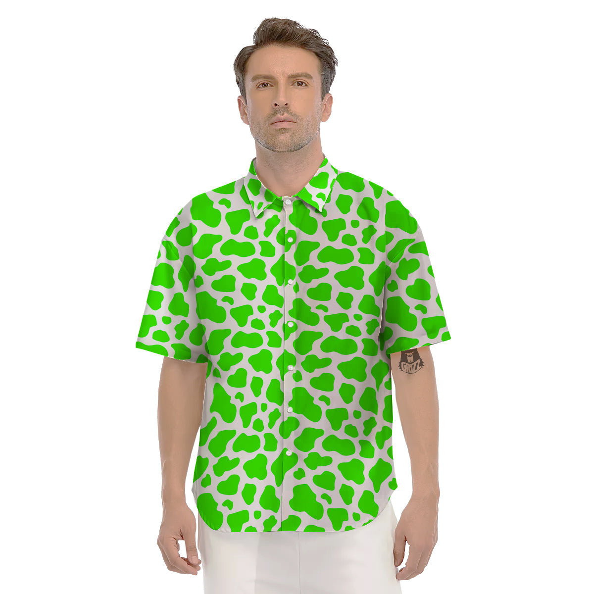 Green Neon Cow Print Pattern Men's Short Sleeve Shirts-grizzshop