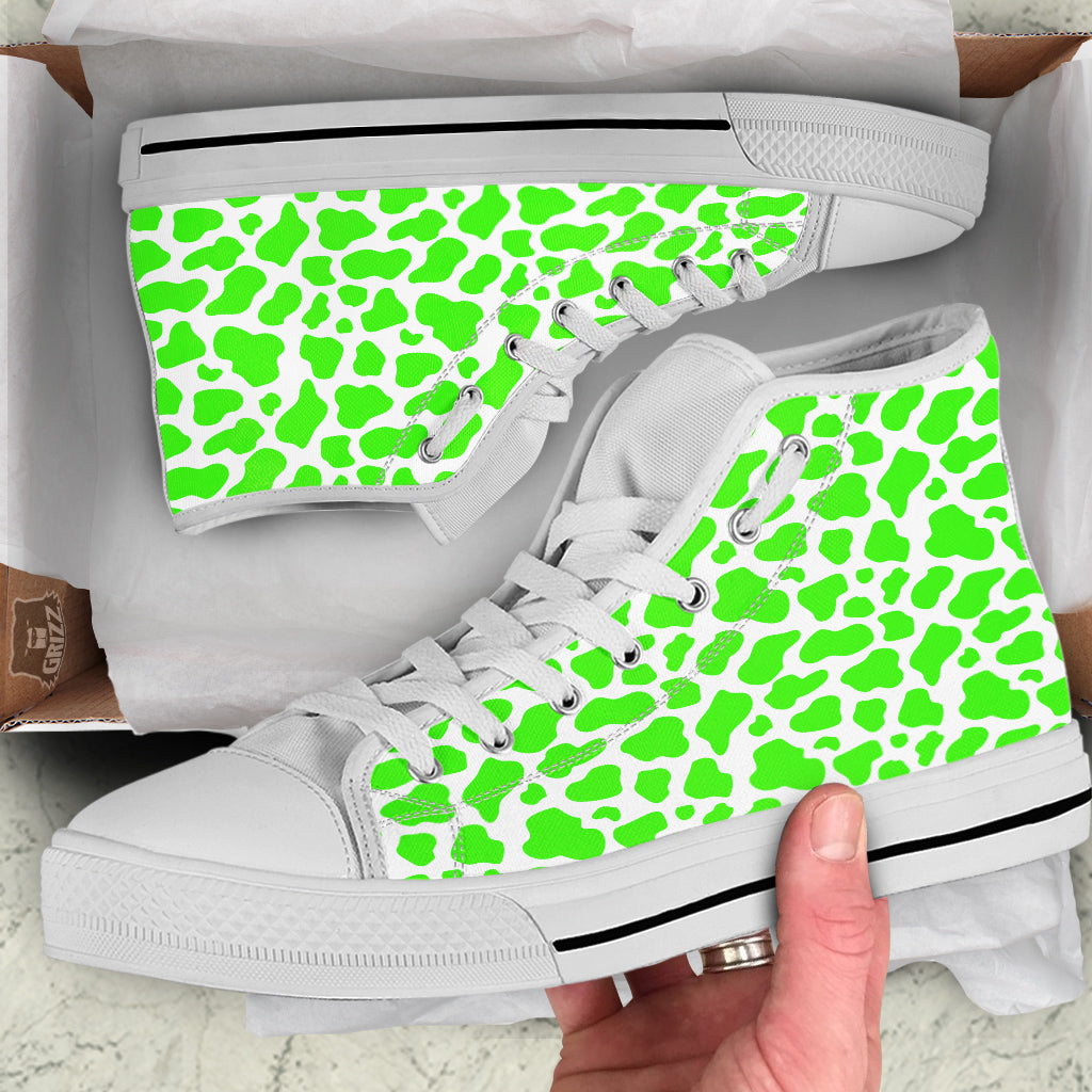 Green Neon Cow Print Pattern White High Top Shoes-grizzshop