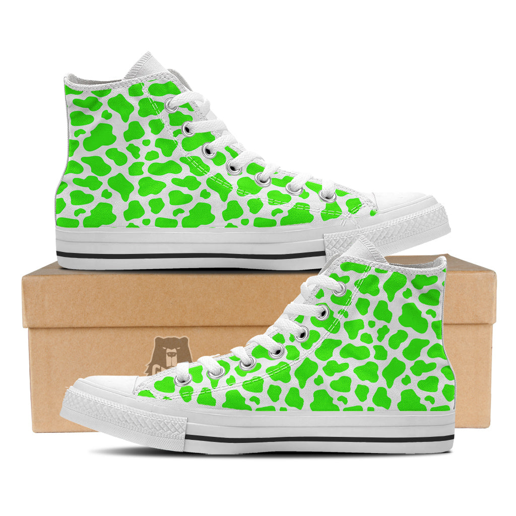Green Neon Cow Print Pattern White High Top Shoes-grizzshop