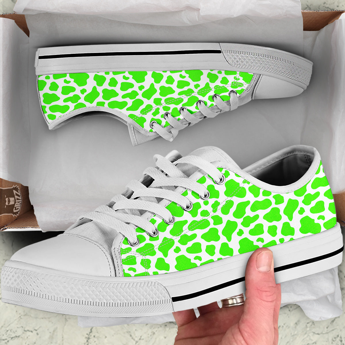 Green Neon Cow Print Pattern White Low Top Shoes-grizzshop