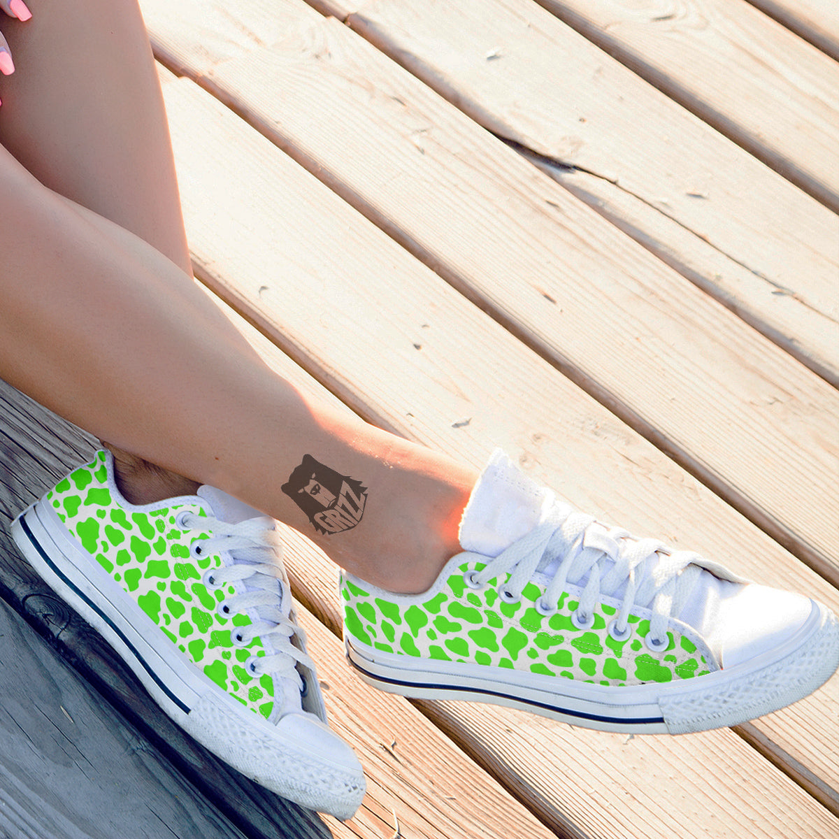 Green Neon Cow Print Pattern White Low Top Shoes-grizzshop
