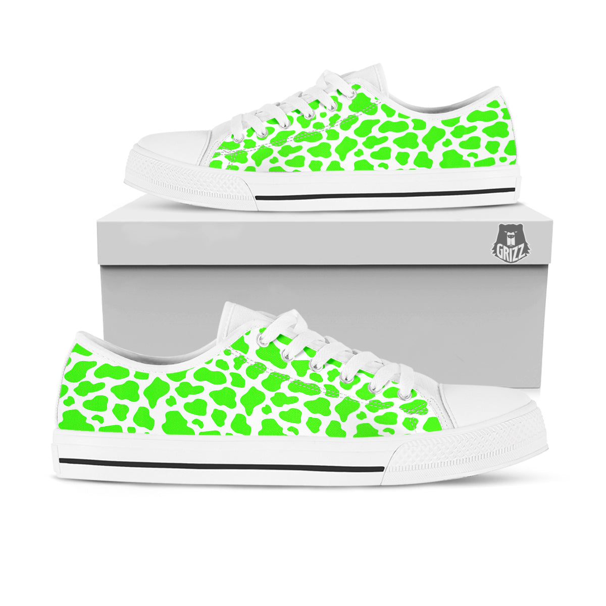 Green Neon Cow Print Pattern White Low Top Shoes-grizzshop