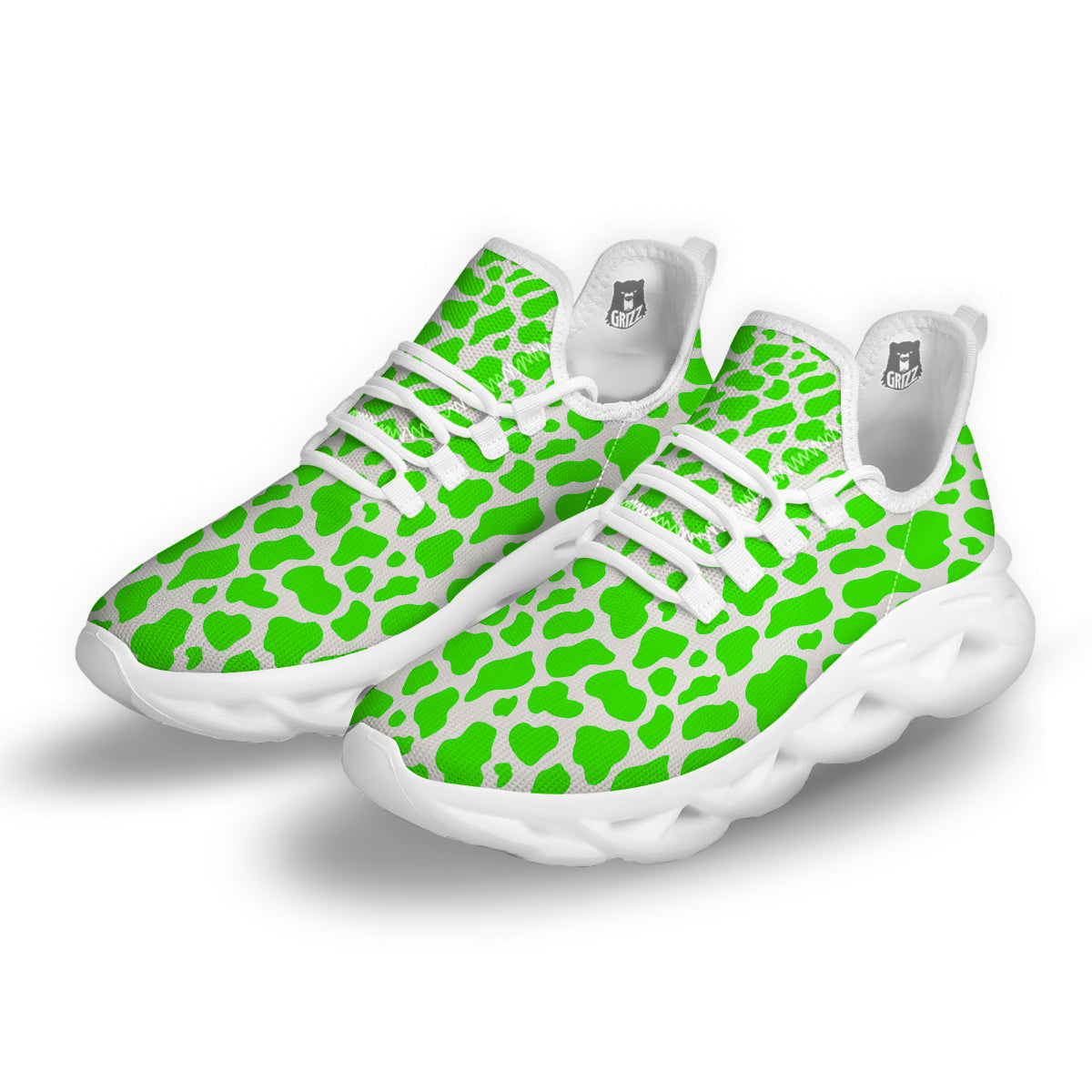 Green Neon Cow Print Pattern White Running Shoes-grizzshop