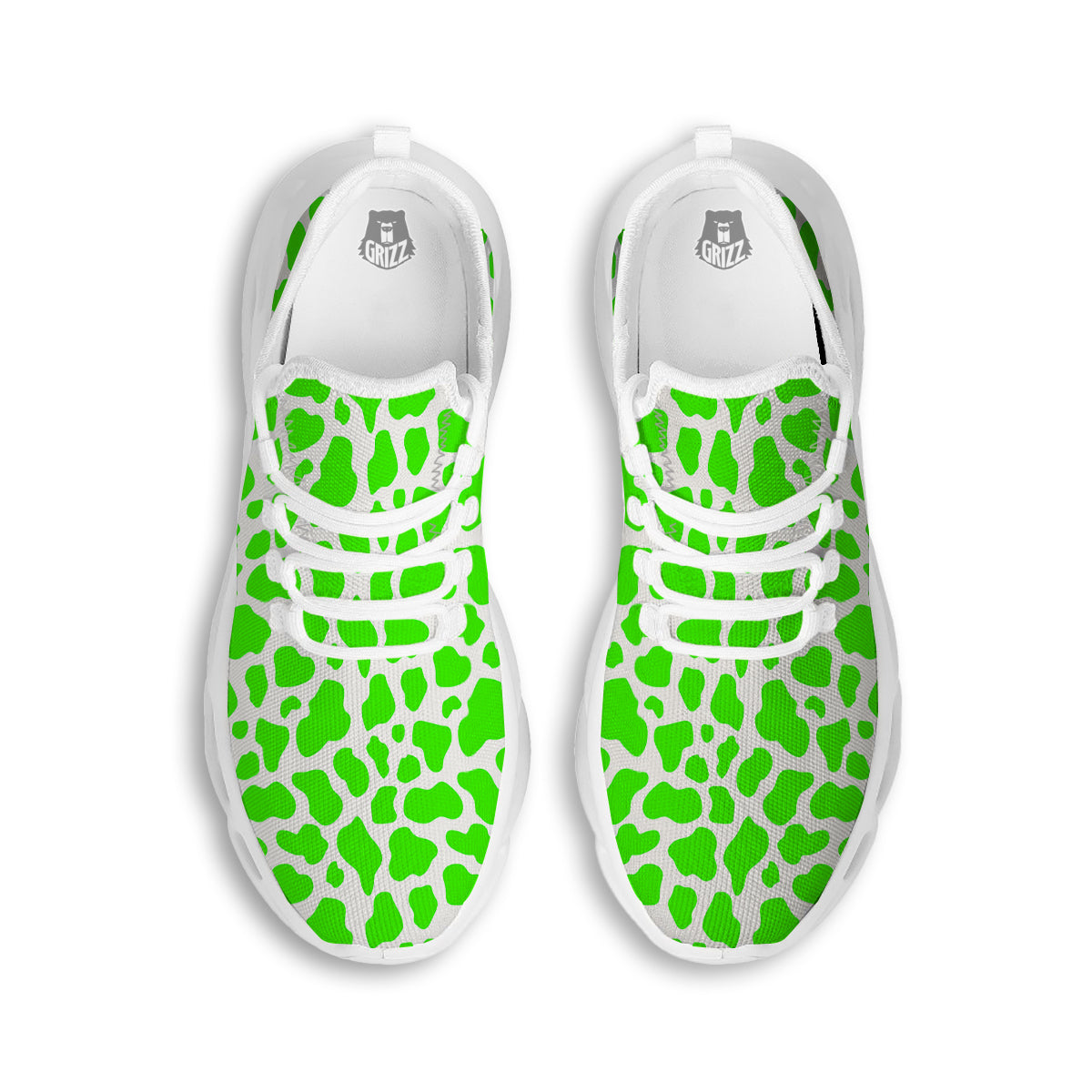 Green Neon Cow Print Pattern White Running Shoes-grizzshop