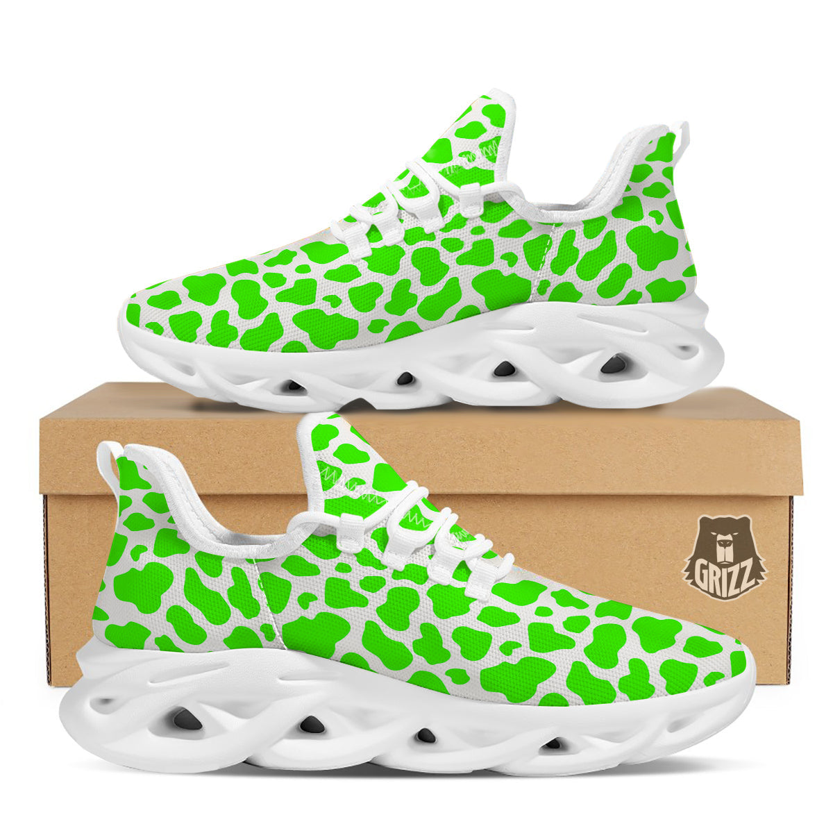 Green Neon Cow Print Pattern White Running Shoes-grizzshop