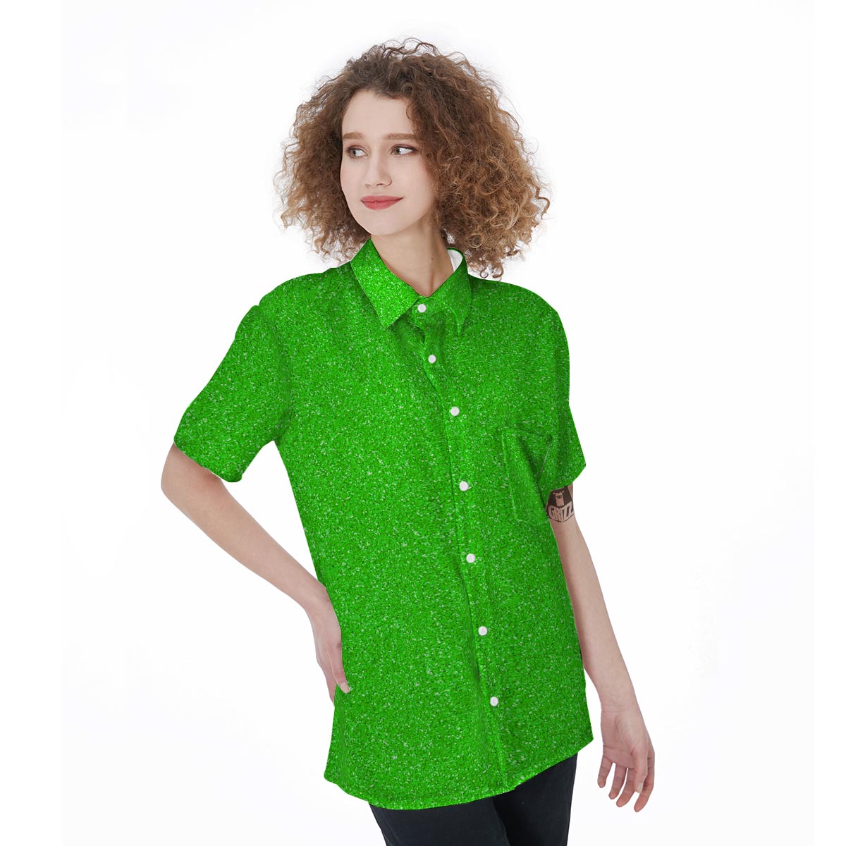 Green Neon Glitter Texture Print Women's Short Sleeve Shirts-grizzshop