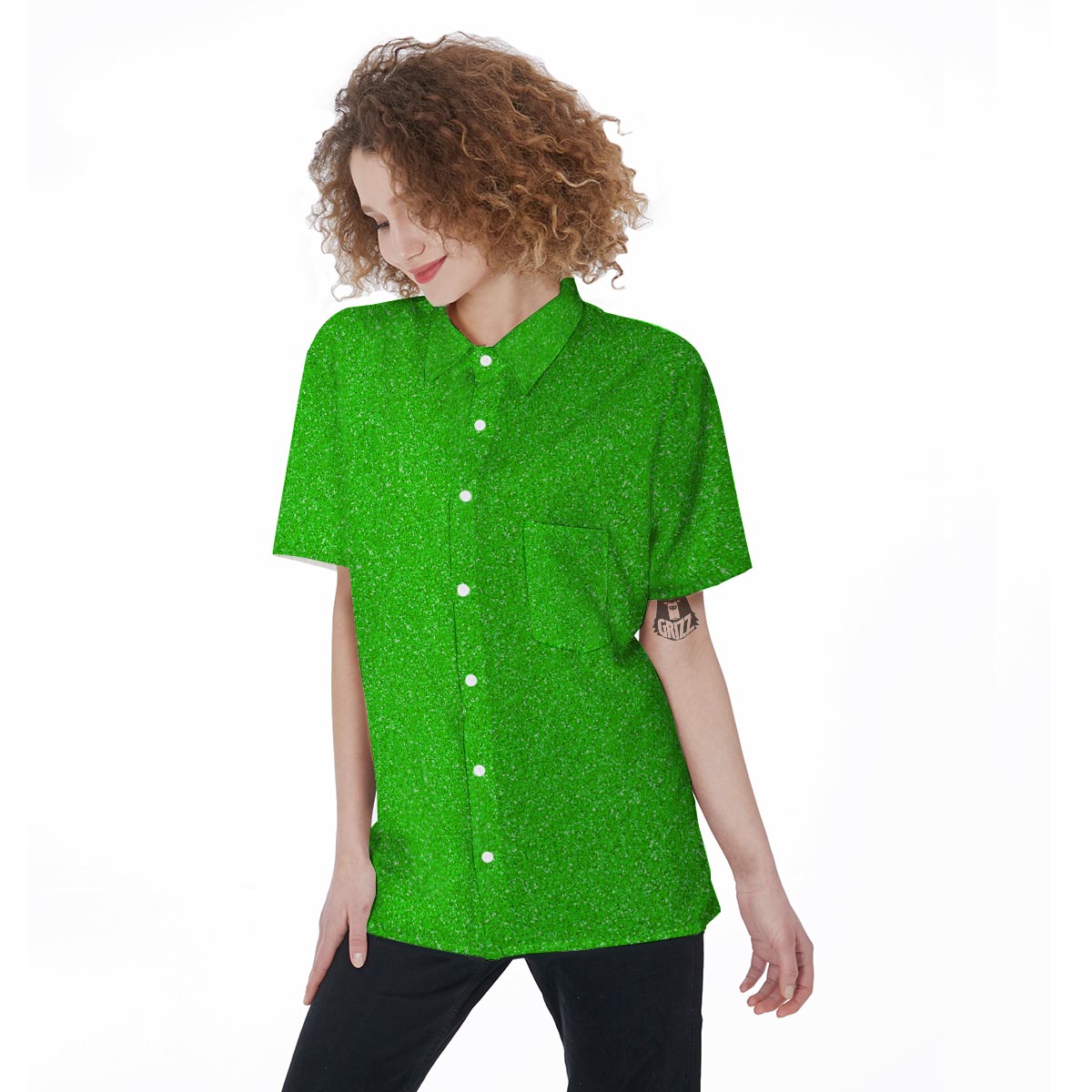 Green Neon Glitter Texture Print Women's Short Sleeve Shirts-grizzshop
