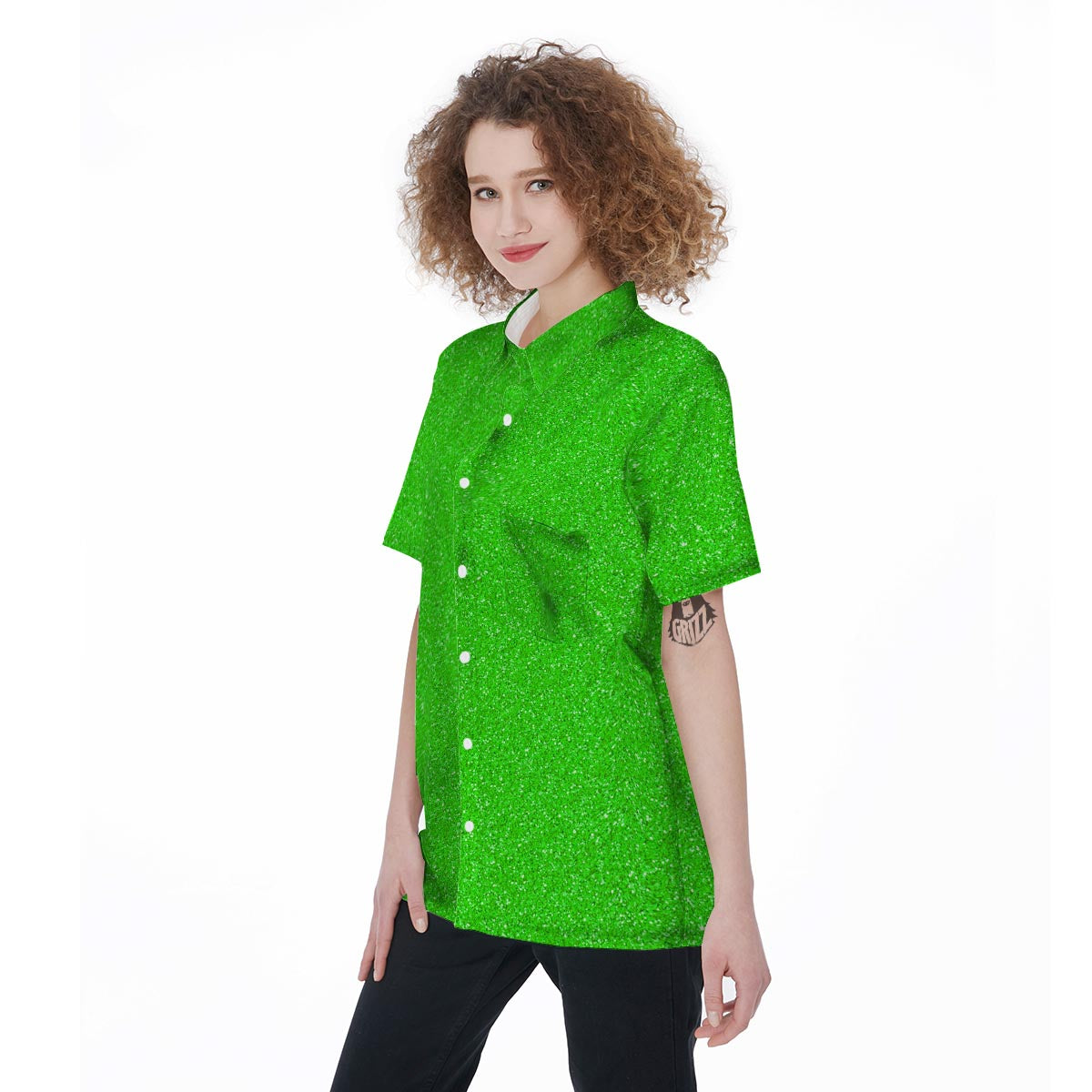 Green Neon Glitter Texture Print Women's Short Sleeve Shirts-grizzshop