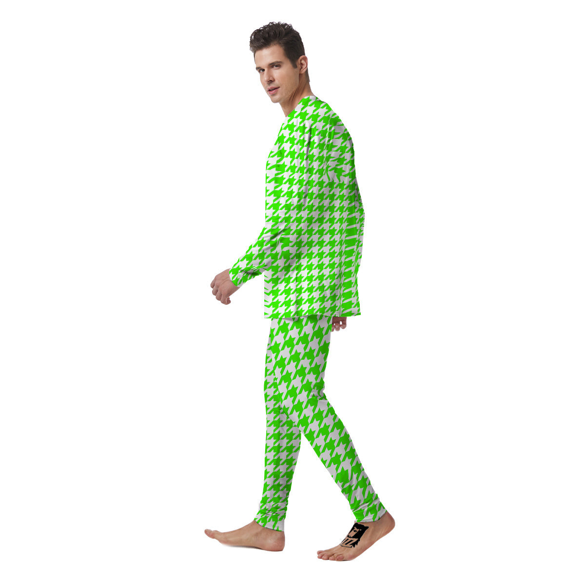 Green Neon Houndstooth Print Men's Pajamas-grizzshop