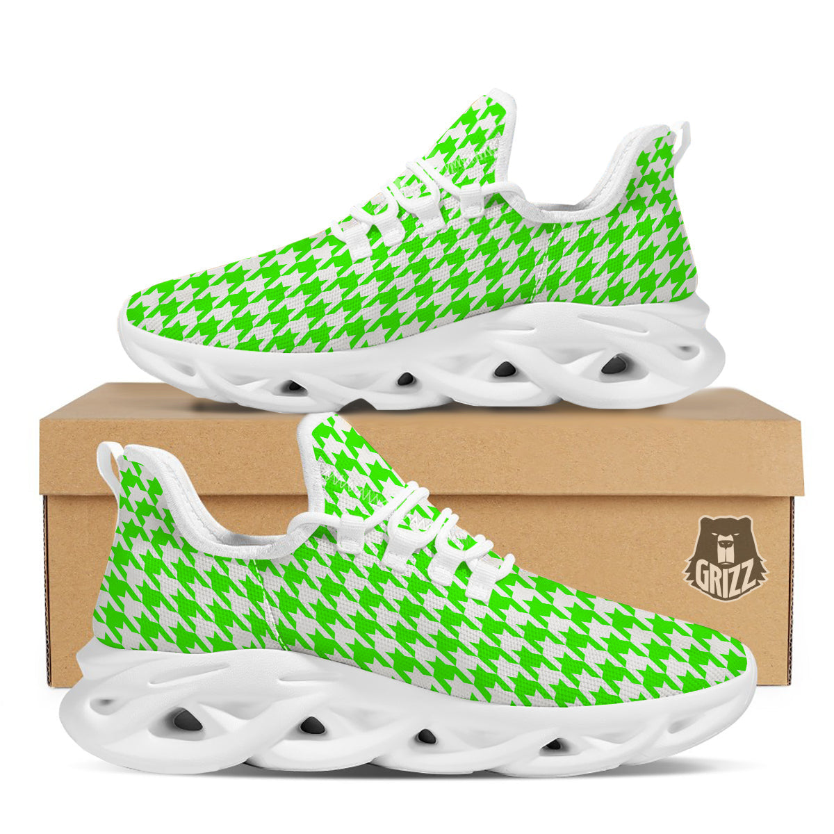 Green Neon Houndstooth Print White Running Shoes-grizzshop