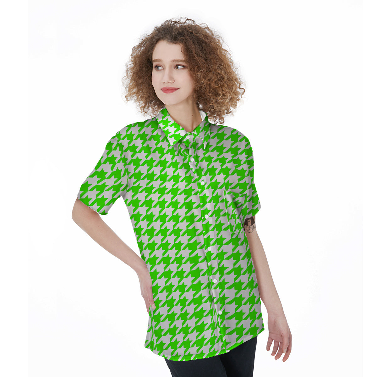 Green Neon Houndstooth Print Women's Short Sleeve Shirts-grizzshop