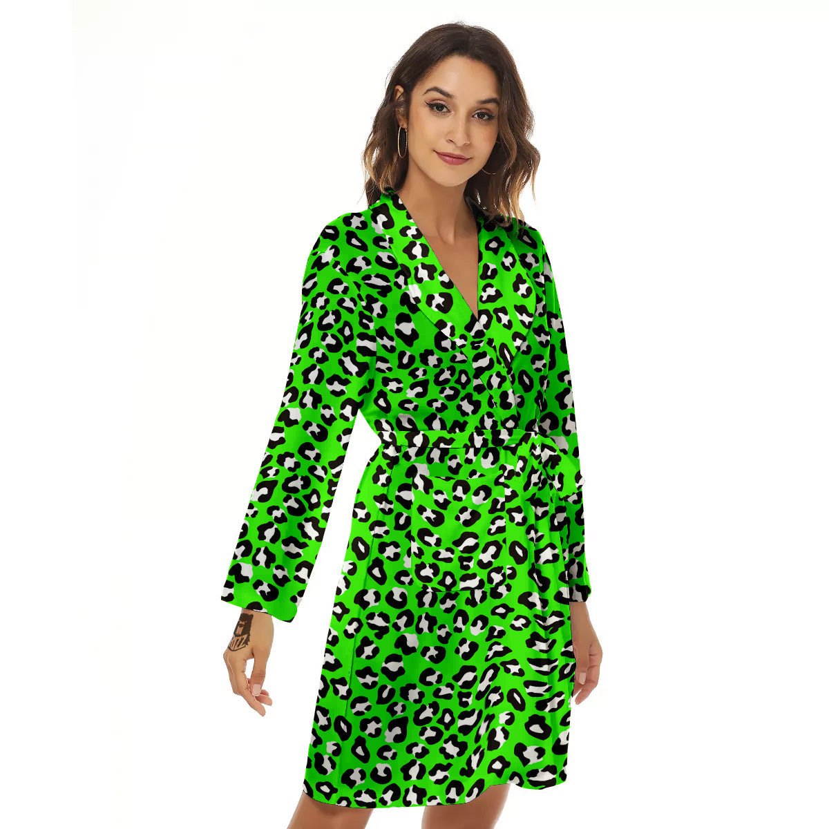 Green Neon Leopard Print Pattern Women's Robe-grizzshop