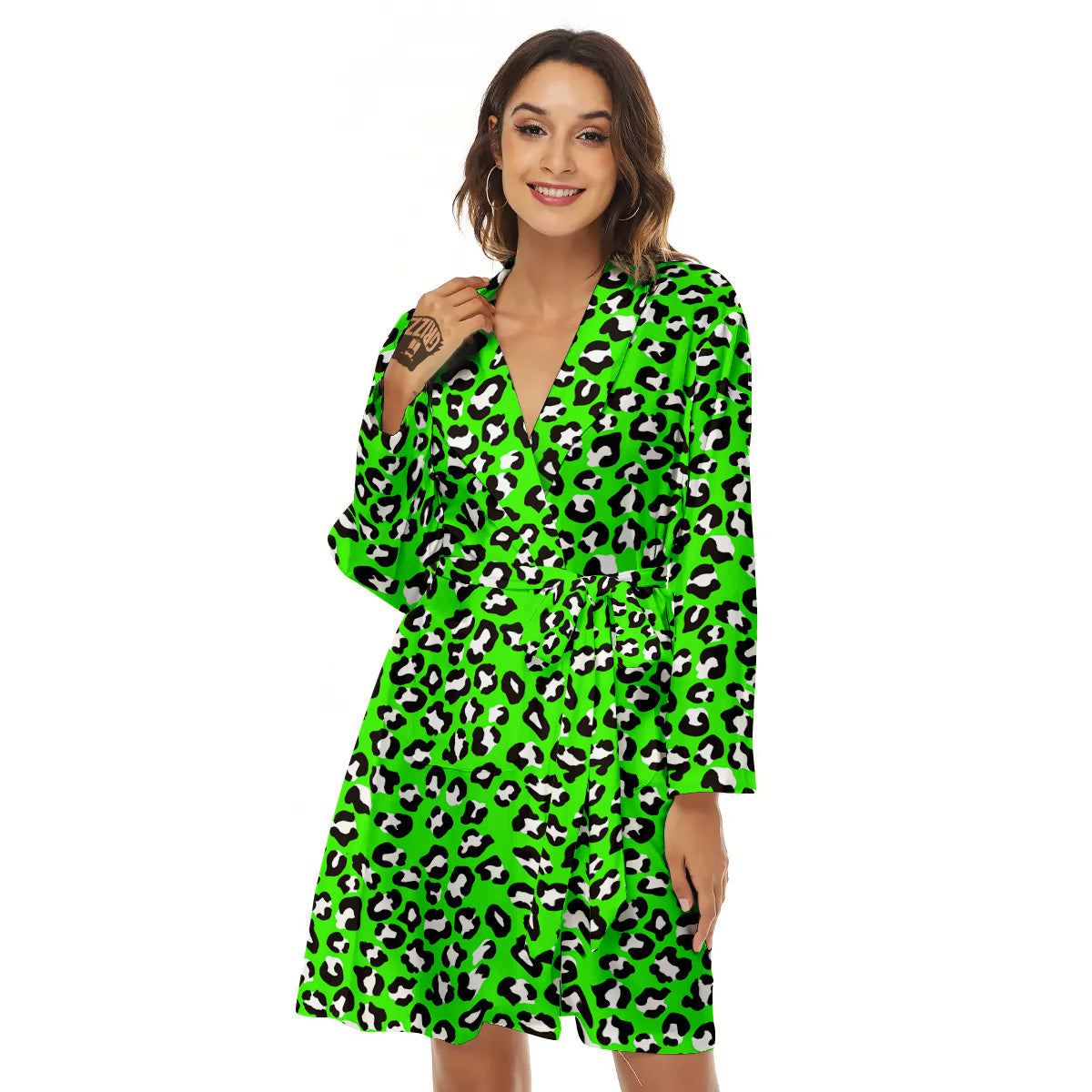 Green Neon Leopard Print Pattern Women's Robe-grizzshop