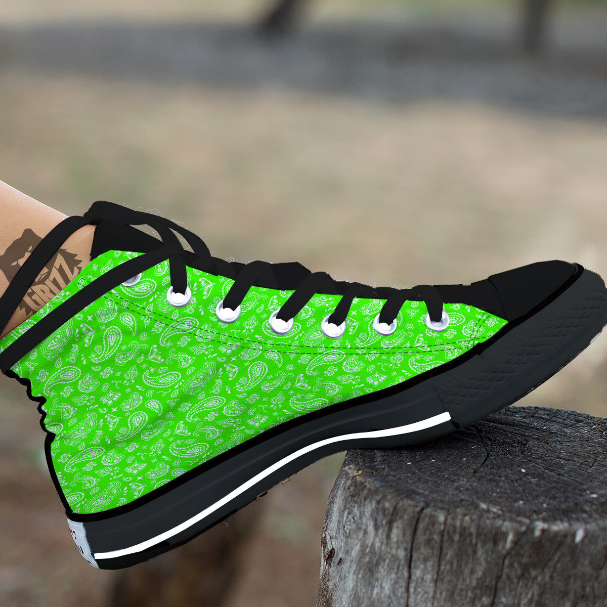 Green Neon Paisley Bandana Print Black High Top Shoes-grizzshop