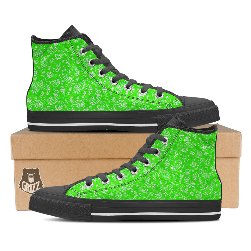 Green Neon Paisley Bandana Print Black High Top Shoes-grizzshop