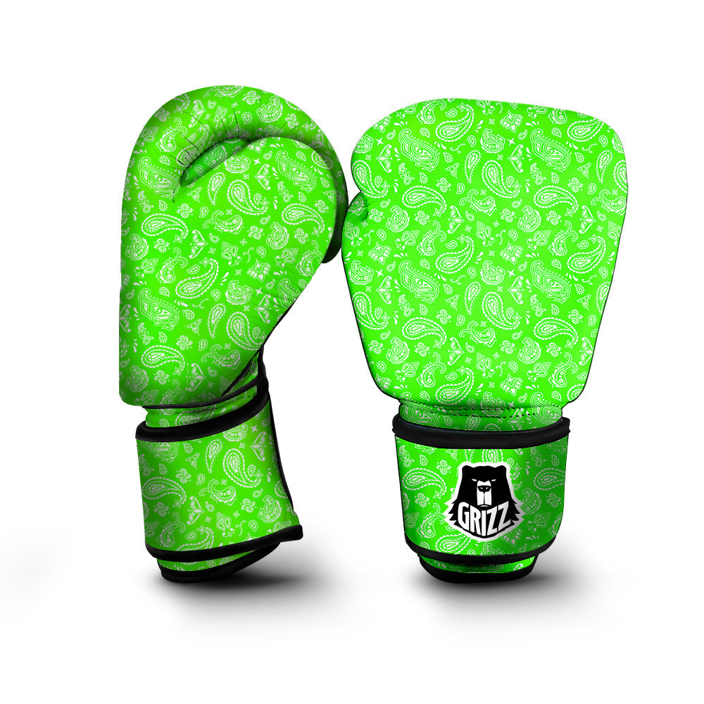 Green Neon Paisley Bandana Print Boxing Gloves-grizzshop