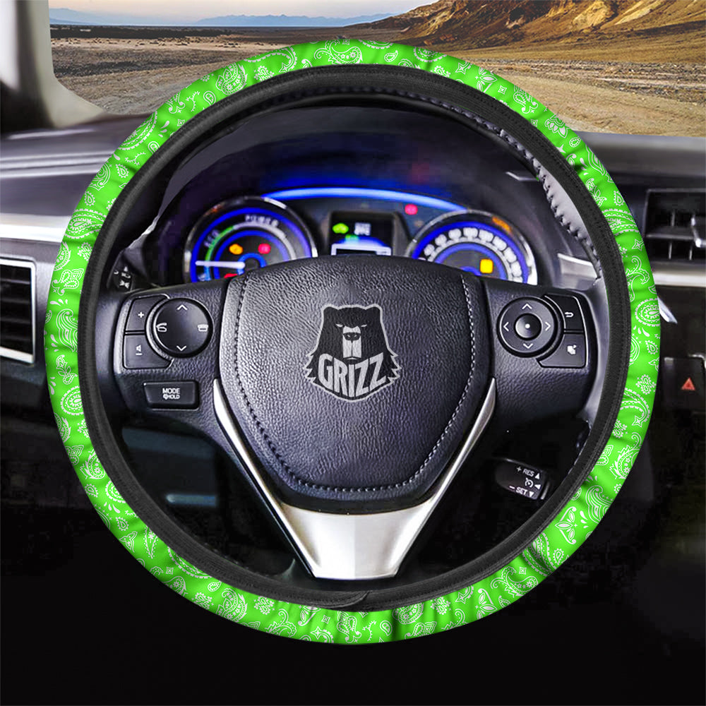 Green Neon Paisley Bandana Print Car Steering Wheel Cover-grizzshop