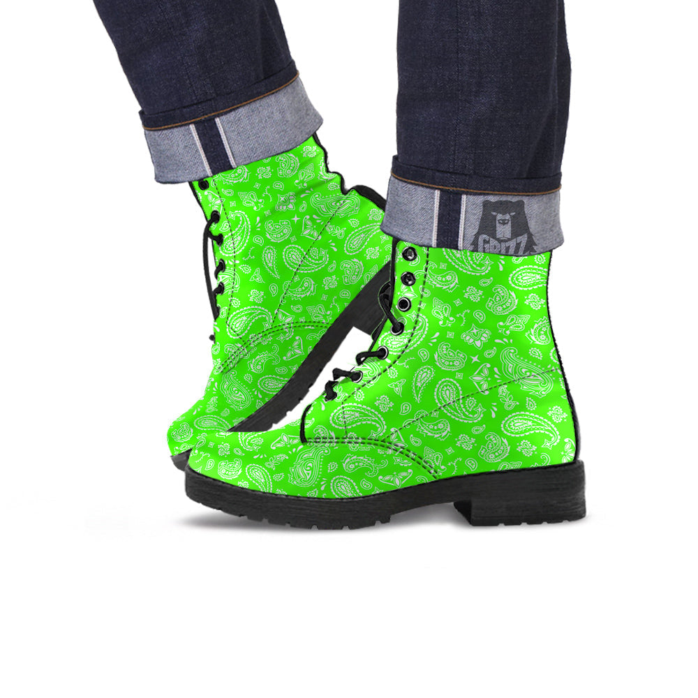 Green Neon Paisley Bandana Print Leather Boots-grizzshop