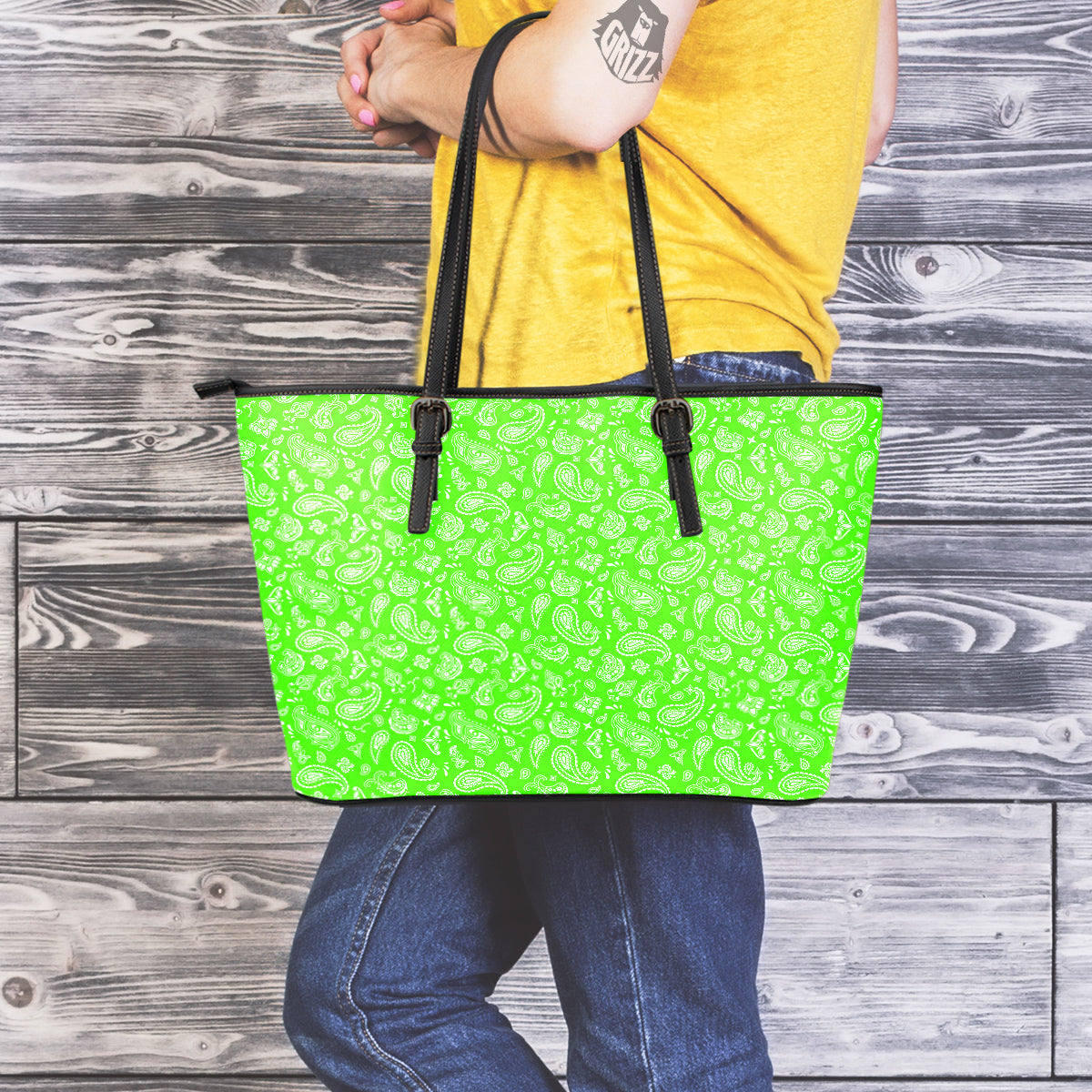 Green Neon Paisley Bandana Print Leather Tote Bag-grizzshop