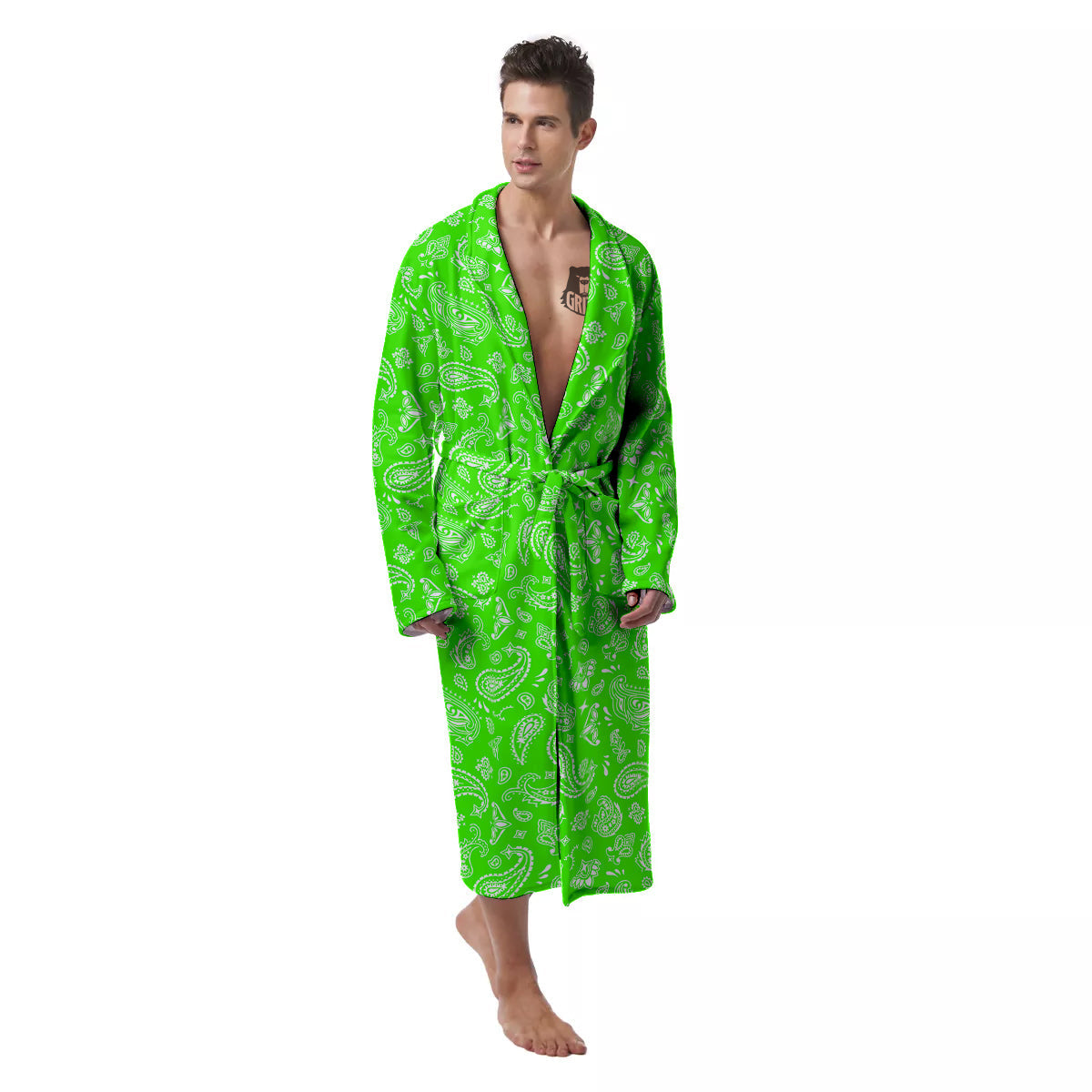 Green Neon Paisley Bandana Print Men's Robe-grizzshop