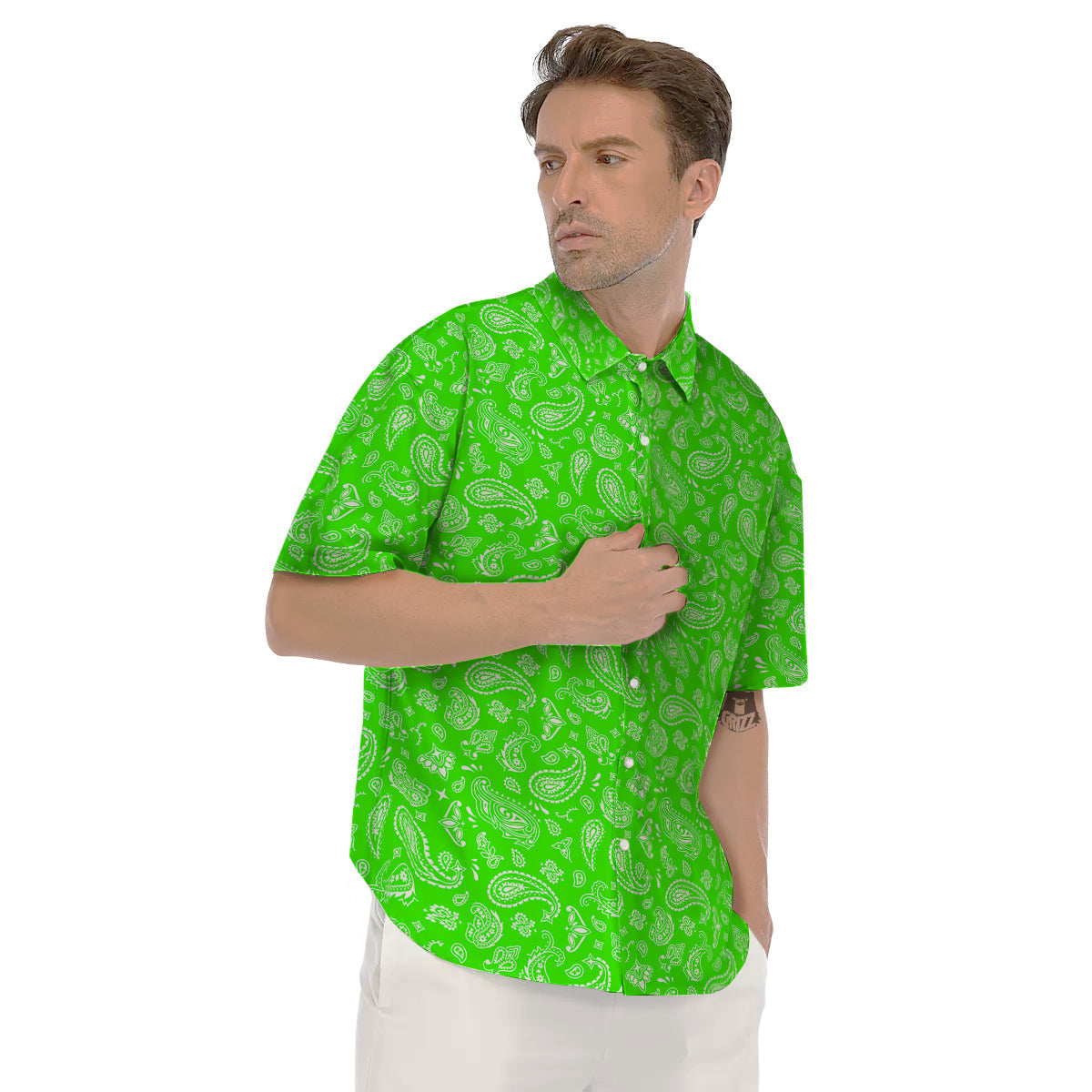 Green Neon Paisley Bandana Print Men's Short Sleeve Shirts-grizzshop