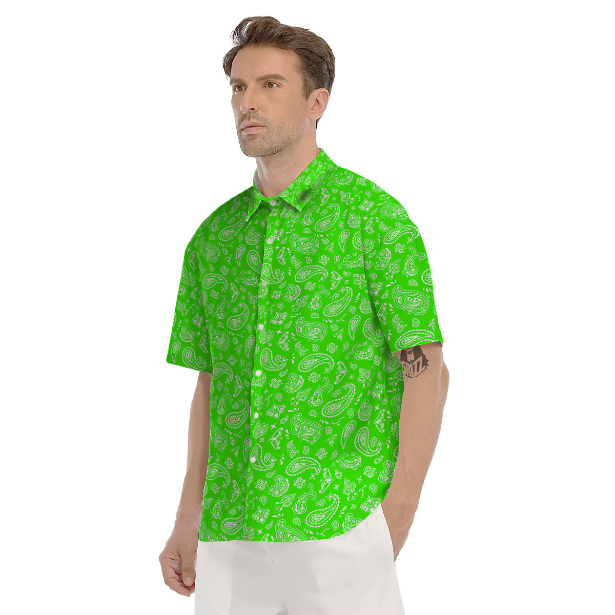 Green Neon Paisley Bandana Print Men's Short Sleeve Shirts-grizzshop