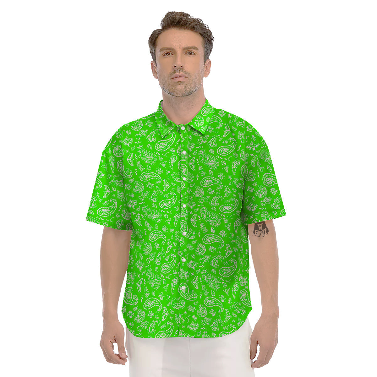 Green Neon Paisley Bandana Print Men's Short Sleeve Shirts-grizzshop